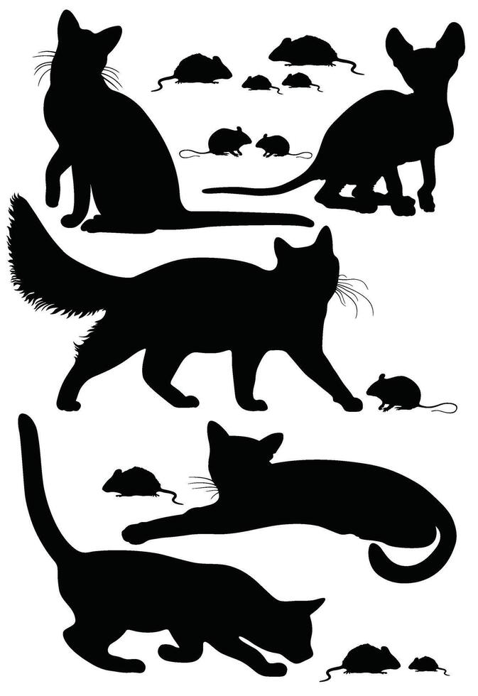 Cats and mice. Set of silhouettes in various poses vector