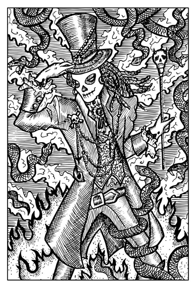 Baron Samedi. Hand drawn engraved fantasy illustration. Mythology and fairy tale character vector