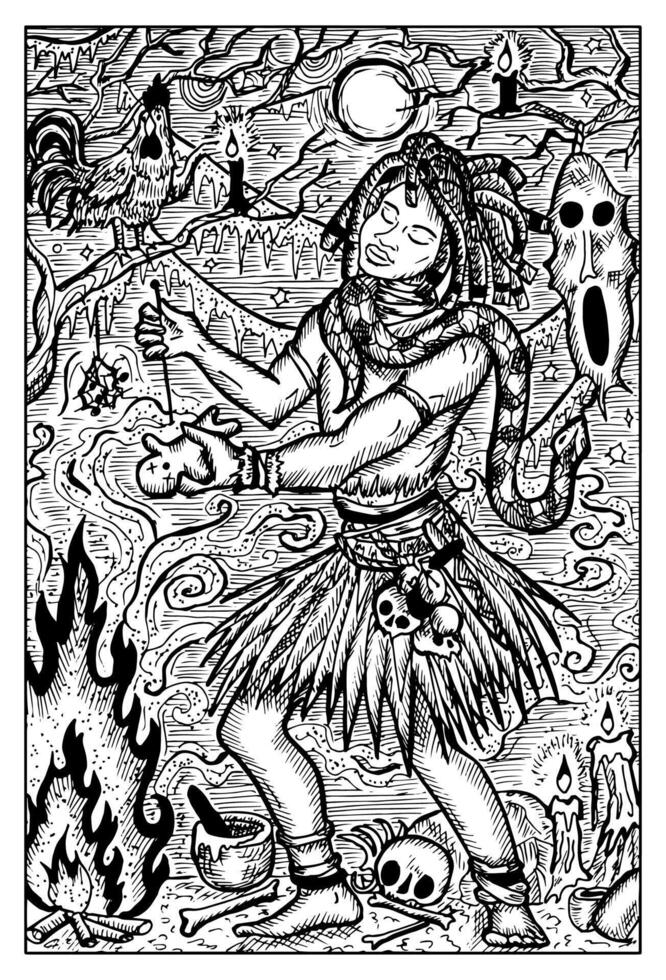 Voodoo warlock. Hand drawn engraved fantasy illustration, mythology and fairy tale character vector