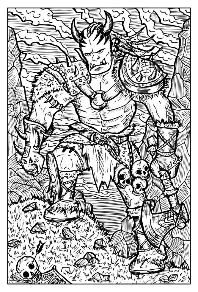 Orc, troll or goblin. Hand drawn engraved fantasy illustration. Mythology and fairy tale character vector