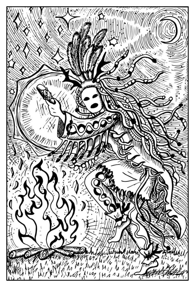 Shaman or warlock. Hand drawn engraved fantasy illustration. Mythology and fairy tale character vector