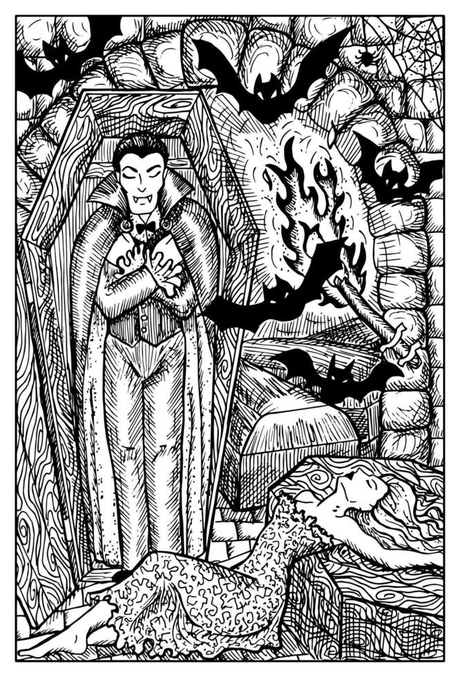 Vampire. Hand drawn engraved fantasy illustration. Mythology and fairy tale character vector