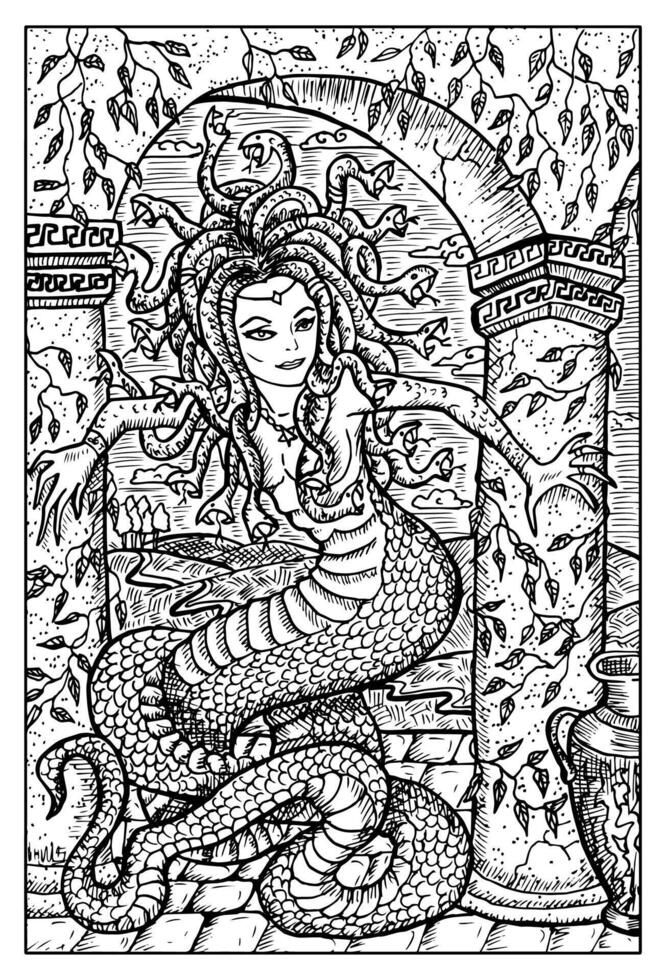 Gorgon. Hand drawn engraved fantasy illustration, mythology and fairy tale character vector