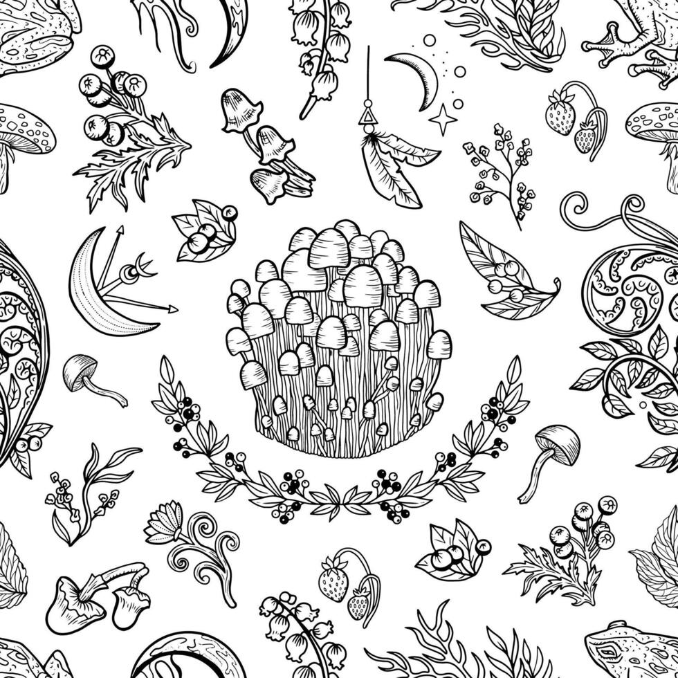 Seamless pattern with mystic mushrooms, frog and floral decorative doodle elements, witchcraft symbols. Esoteric and witchy forest concept vector