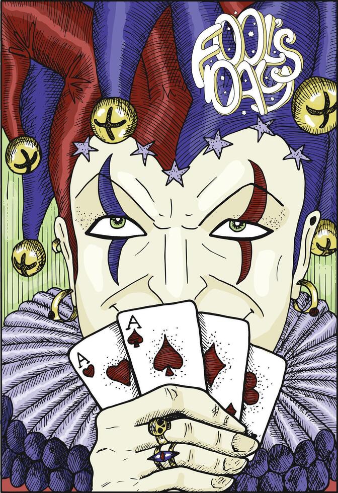 Colorful engraved card with Joker and text for Fools Day vector