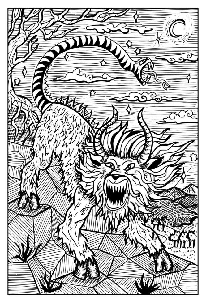 Chimera, greece culture monster. Hand drawn engraved fantasy illustration, mythology and fairy tale character vector