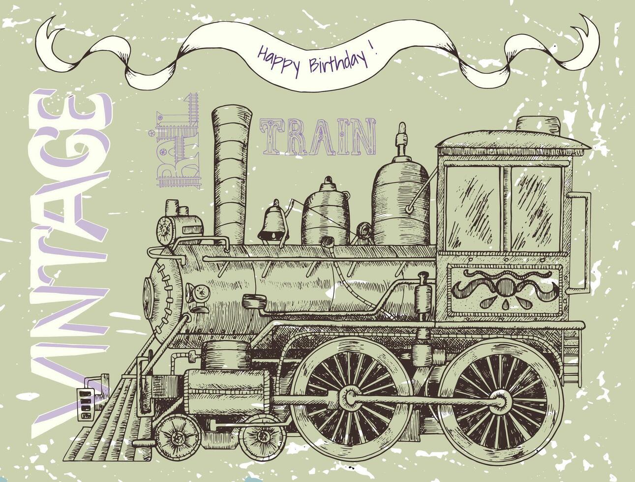 Happy birthday card with retro train and text vector