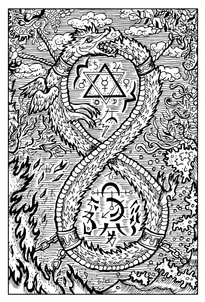 Ouroboros serpent. Hand drawn engraved fantasy illustration. Mythology and fairy tale character vector