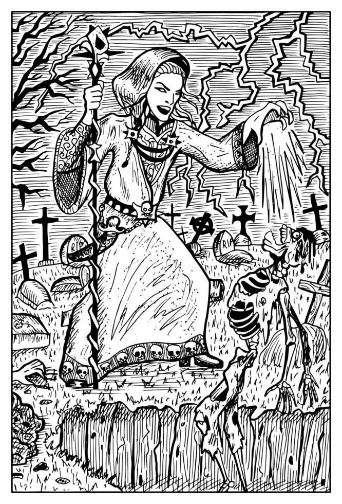 Necromancer or warlock. Hand drawn engraved fantasy illustration. Mythology and fairy tale character vector