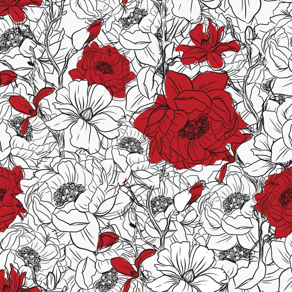 outlined hand drawn flower pattern vector