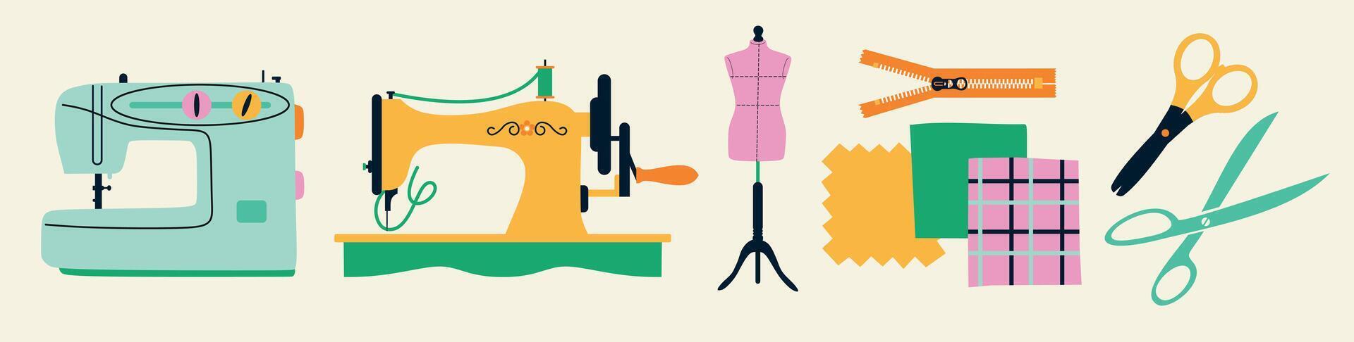 Illustrations set banners of sewing tools icons tailor hand made workshop vector