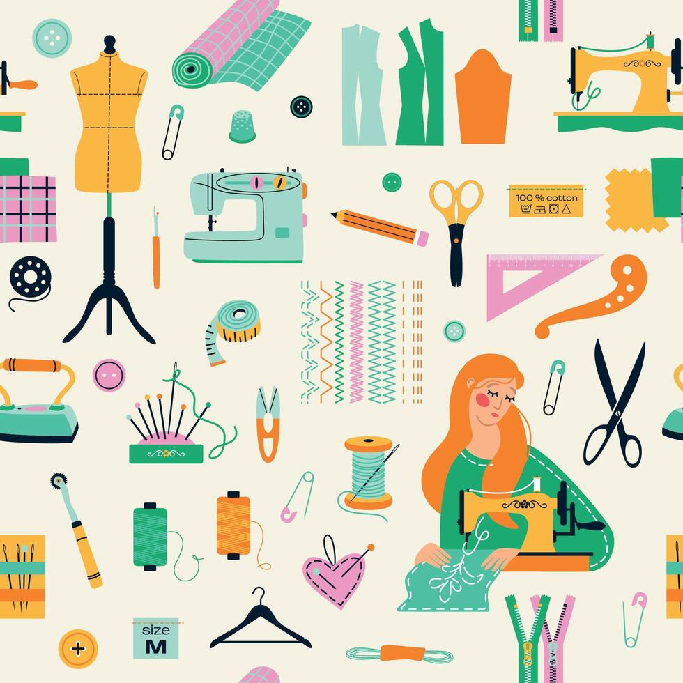 Seamless pattern of sewing tools icons tailor girl hand made workshop vector