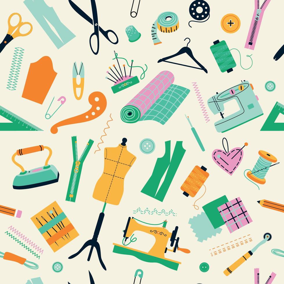 Seamless pattern of sewing tools icons tailor hand made workshop vector