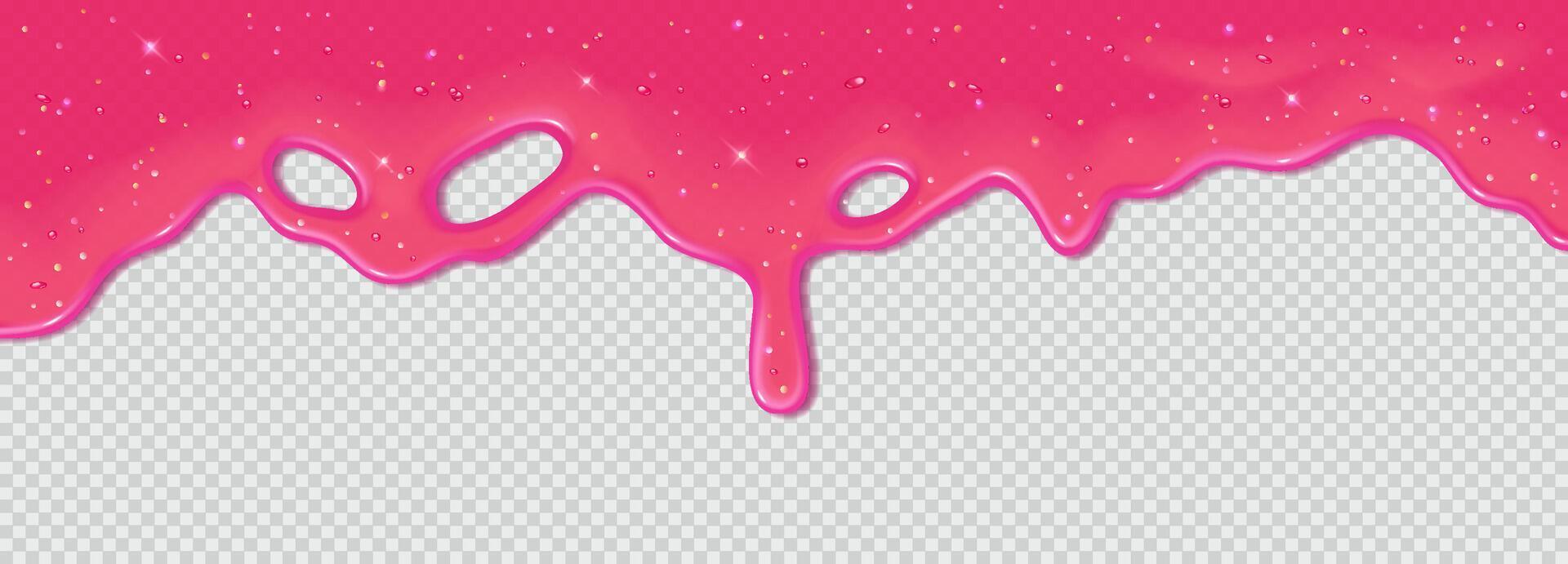 Realistic 3D dripping glossy pink slime with glitter isolated on transparent background. Border of flowing sticky sweet jelly. template of chewing gum, cream or caramel icing for cake or donut vector