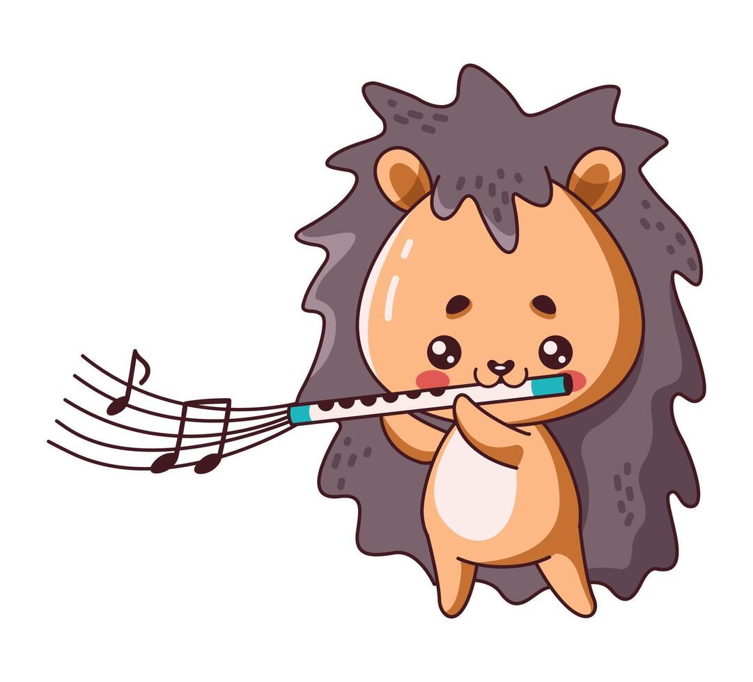 Kawaii hedgehog holds flute flat illustration. Whimsical hedgehog creates series of melodic notes on flute icon on white background vector