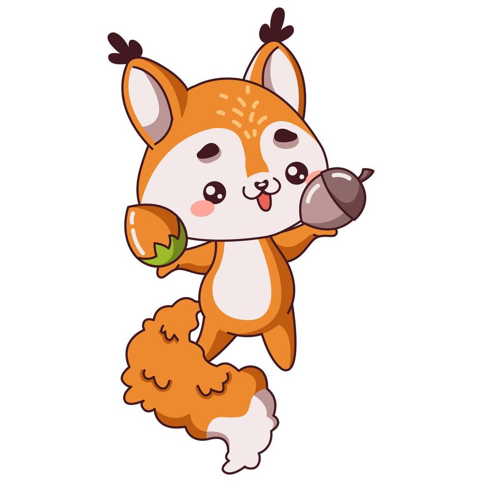Little Kawaii squirrel cub holding acorns in hands flat color style. Cute fluffy forest creature in playful pose having walk on white vector