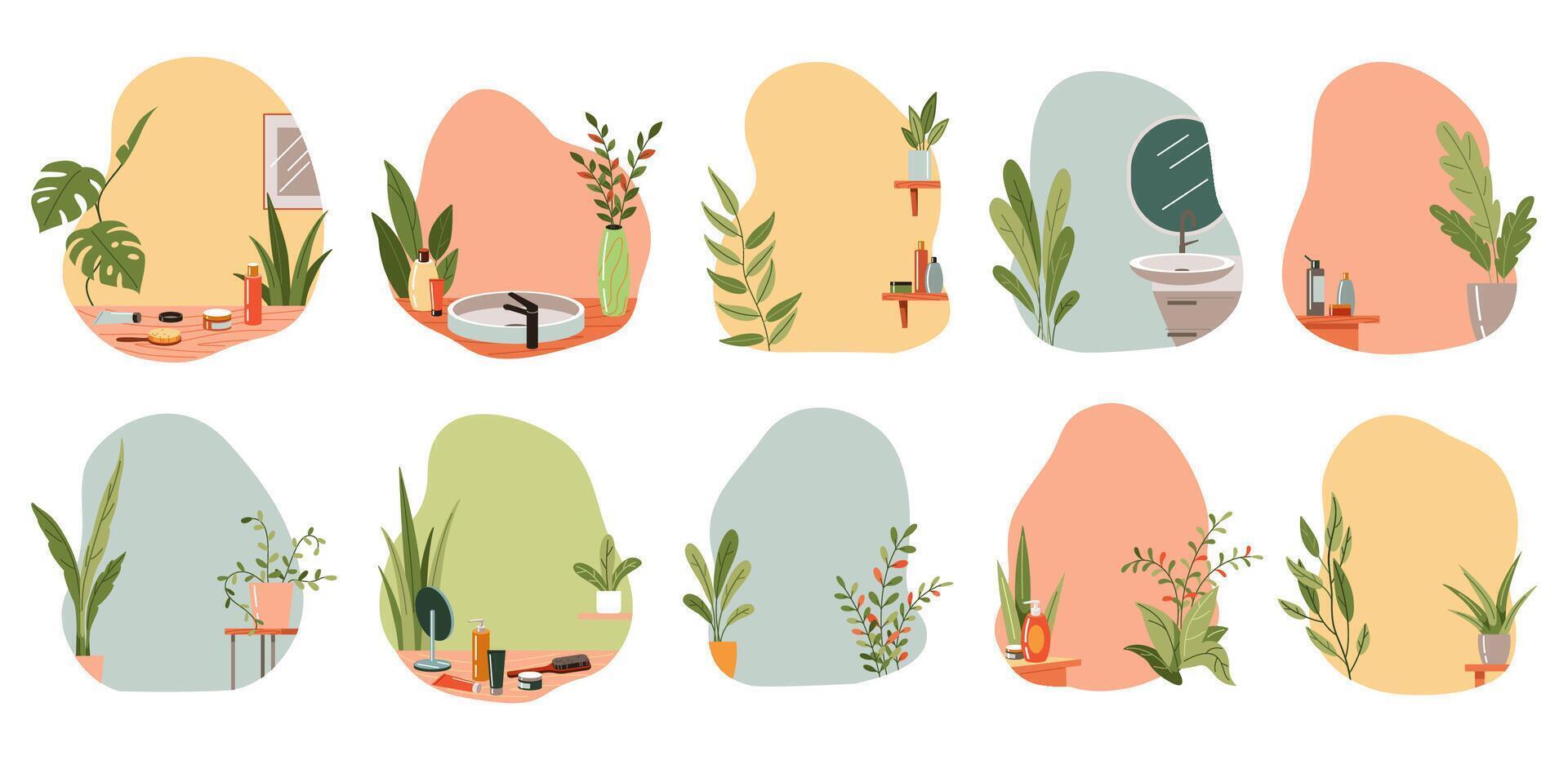 Backgrounds with irregular color stain and interior elements flat color icon set. Domestic life scenes illustration pack on white vector
