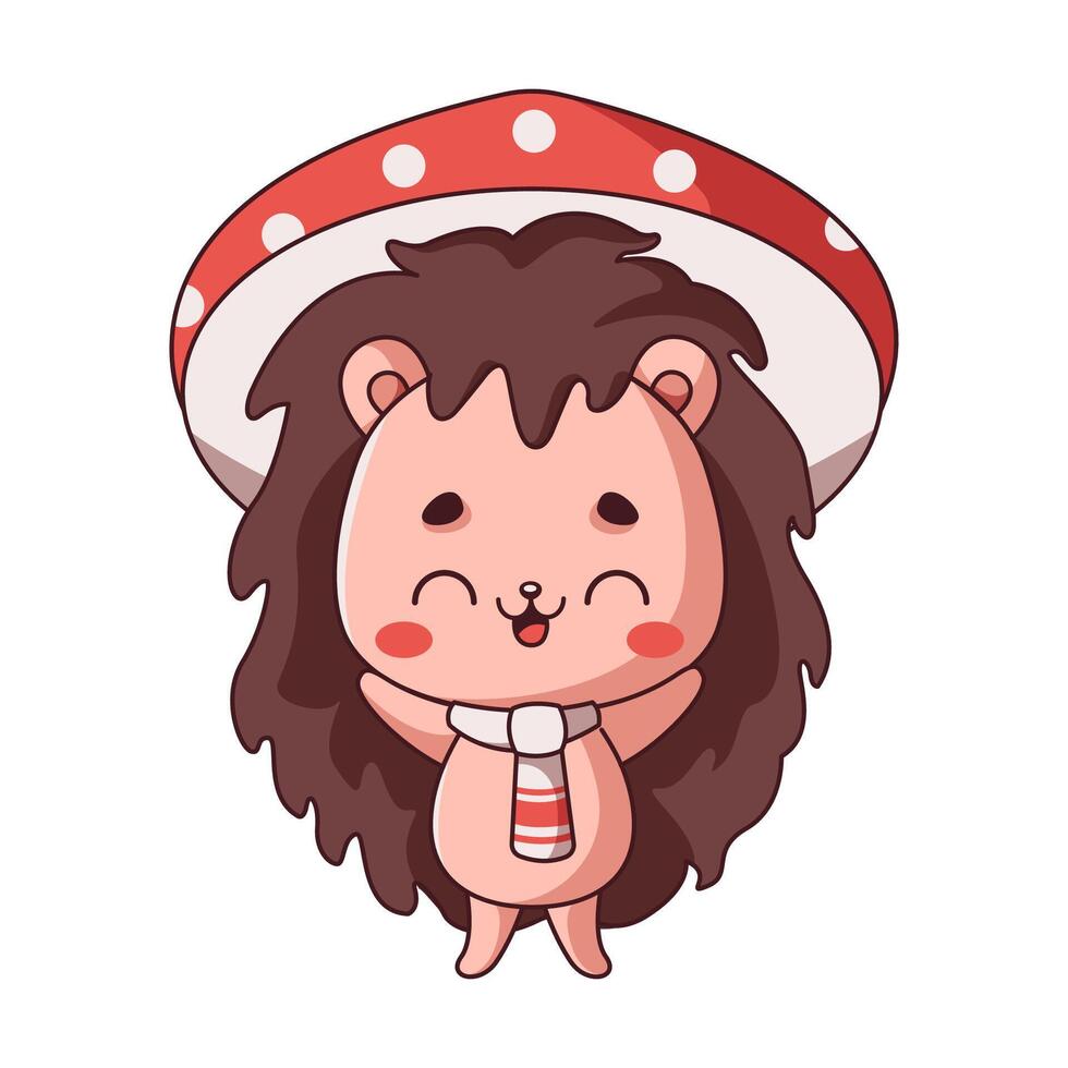 Happy Kawaii hedgehog wears quirky mushroom hat flat color . Charming forest creature adds whimsical touch to illustration on white background vector