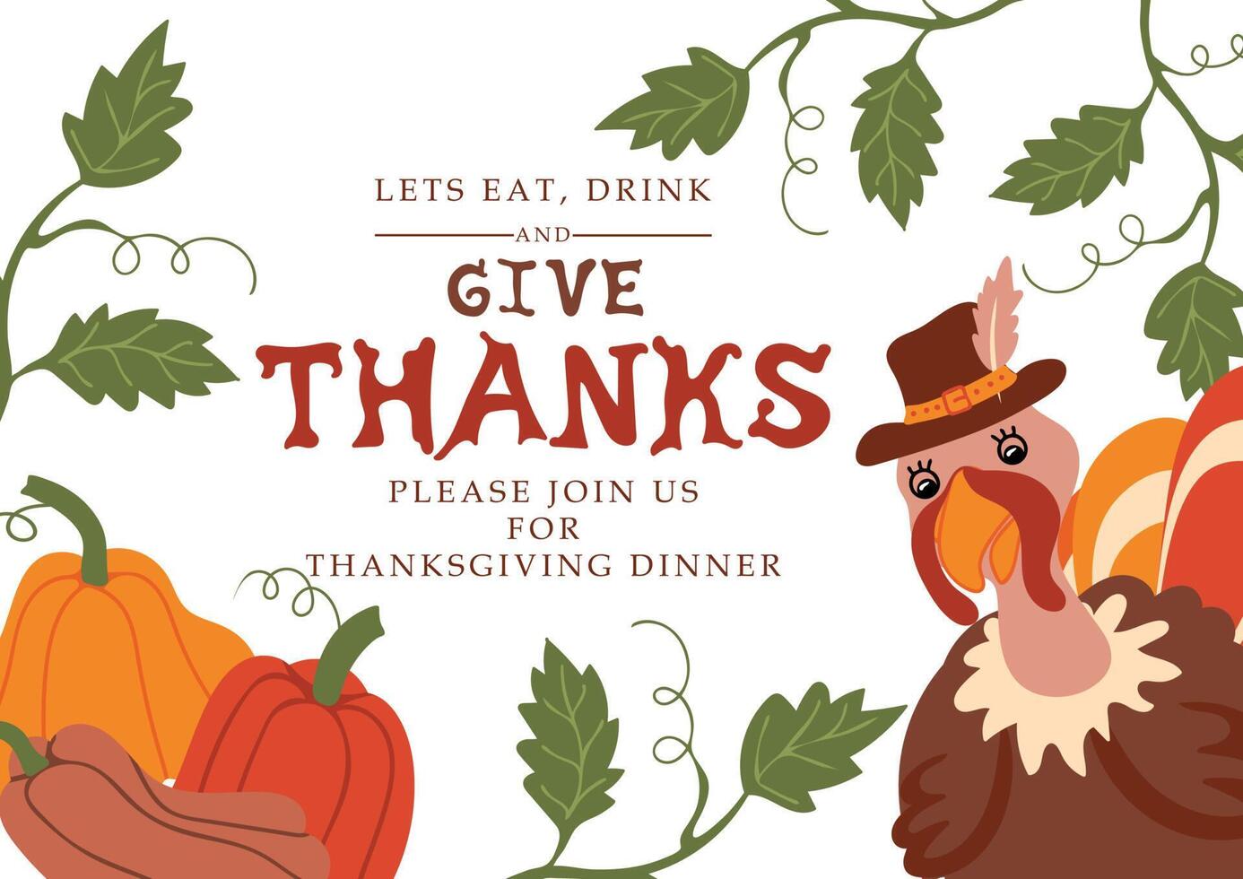 Cute Turkey bird and pumpkins. Give thanks vector