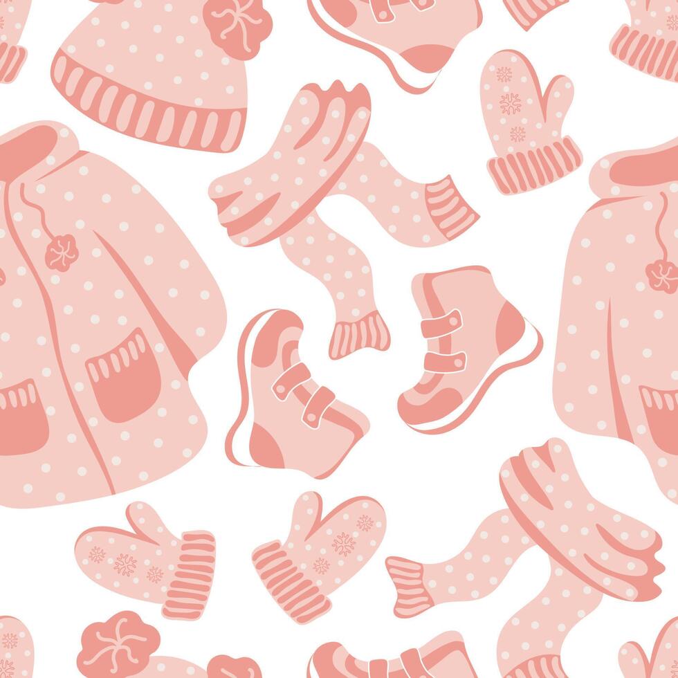 Seamless pattern with warm clothes, mittens, jacket, scarf and hat on white background. vector