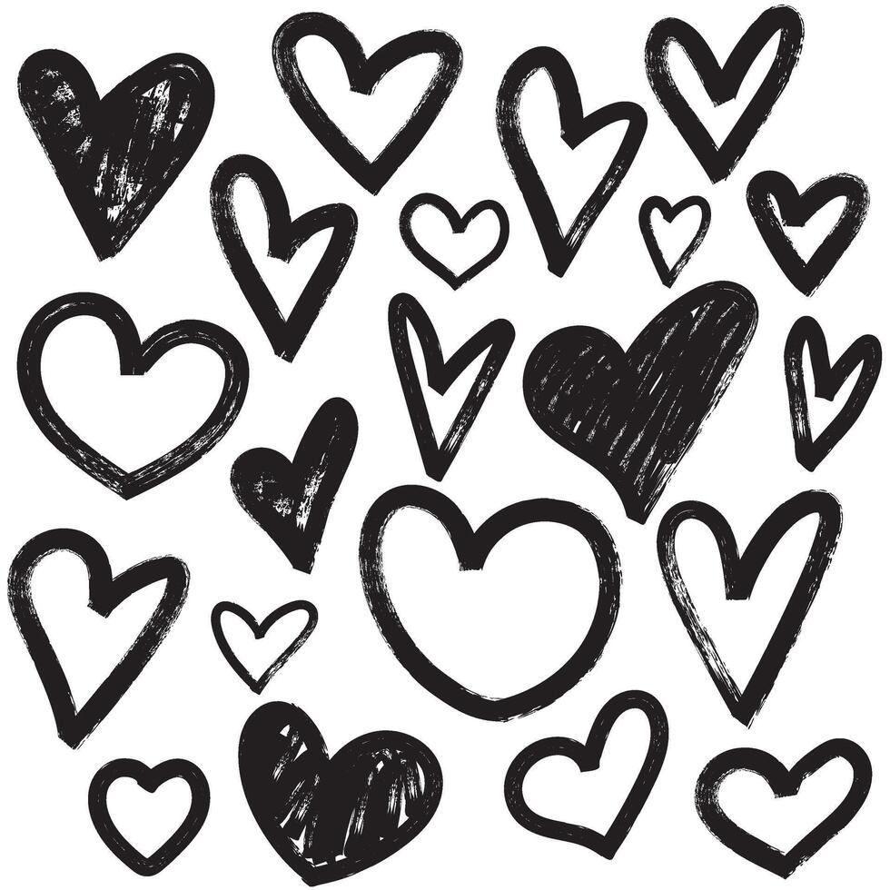 Set of hand drawn hearts in brush stroke texture paint style. Various romantic charcoal pencil drawing pack. illustration vector
