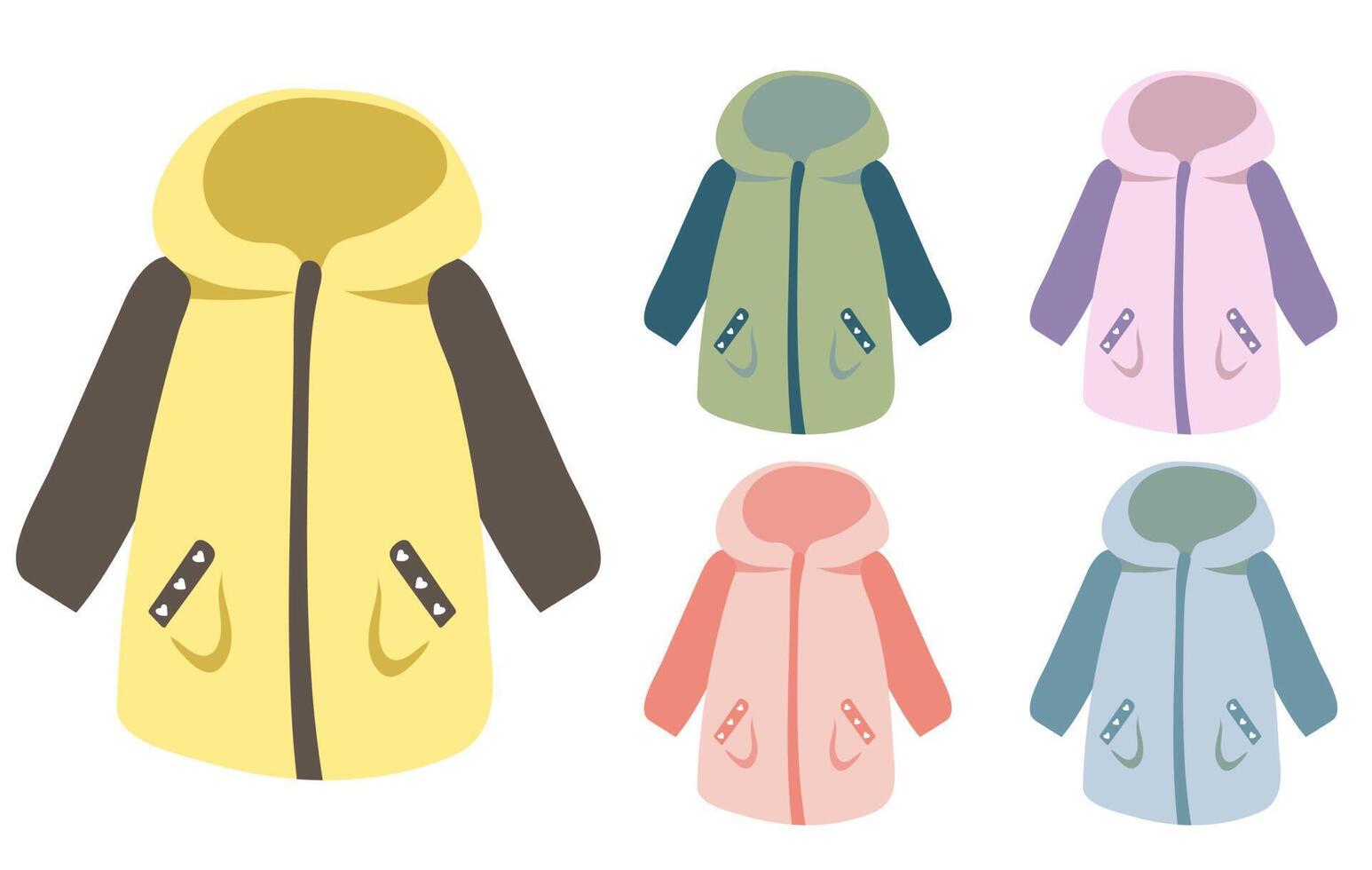 Set of colorful jackets on white background. Winter clothes for cold weather vector