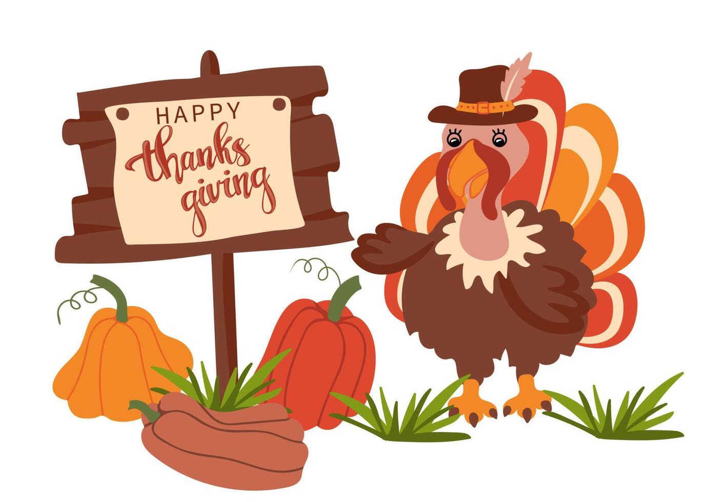 Happy Thanksgiving Day. Cute Thanksgiving Turkey bird cartoon character standing near pumpkins and wooden sign vector