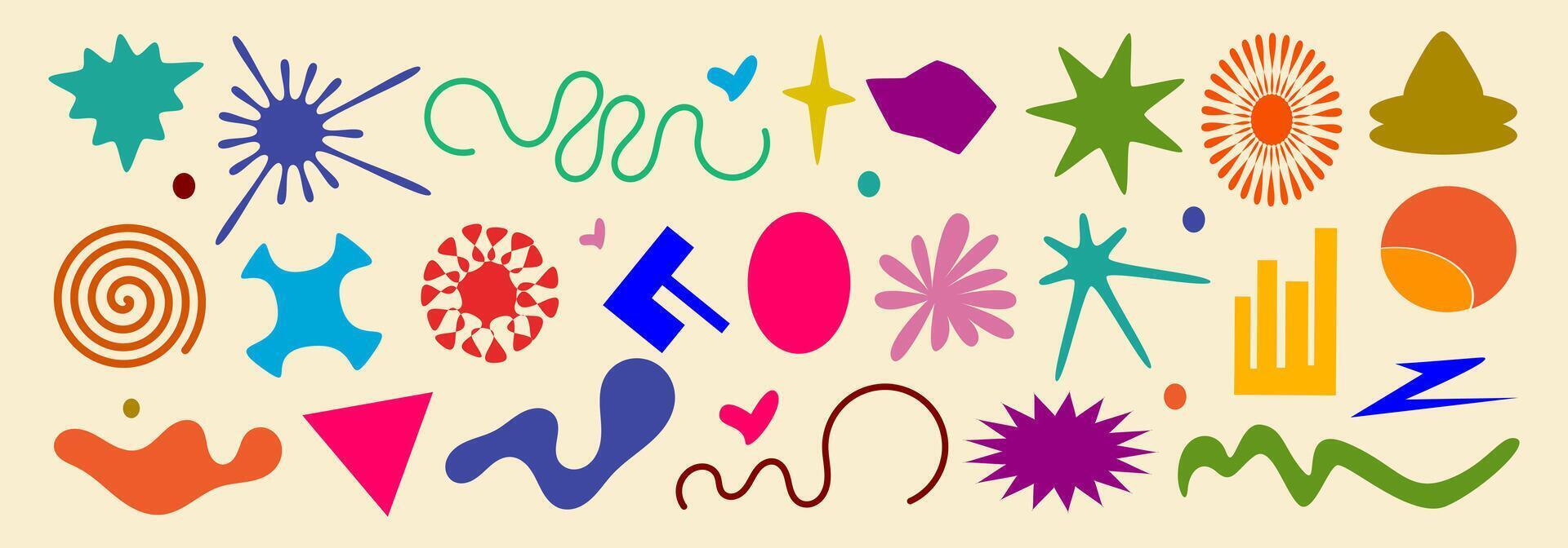 Abstract shapes. Brutalism elements set contain ellipses, stars, glitter, circle, blob form, curvy line and others. Retno style 80'S. vector