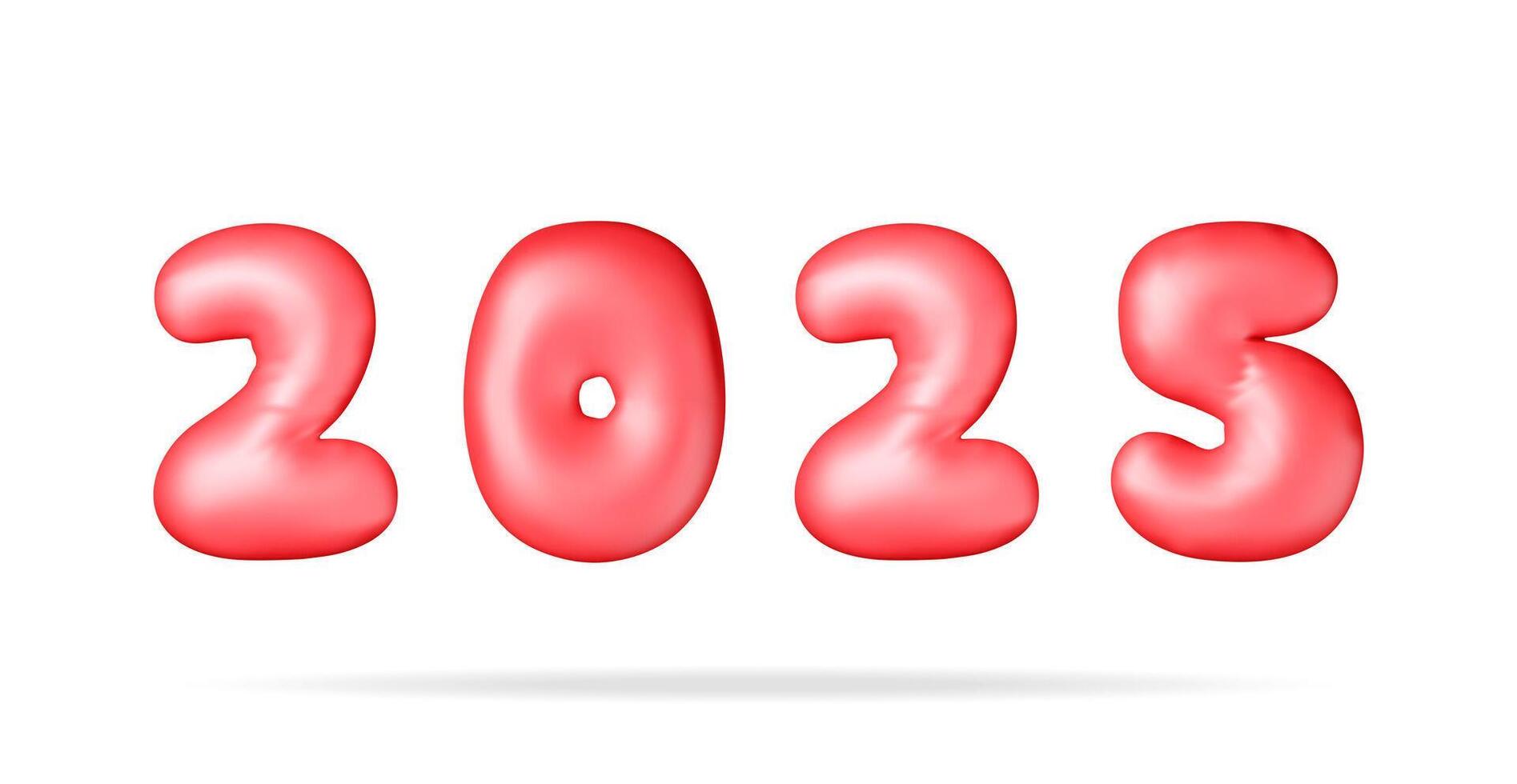 3d red balloon 2025 new year symbol isolated. Render plastic 2025 number holiday party decoration. Balloon shiny font. New year and xmas celebration. vector