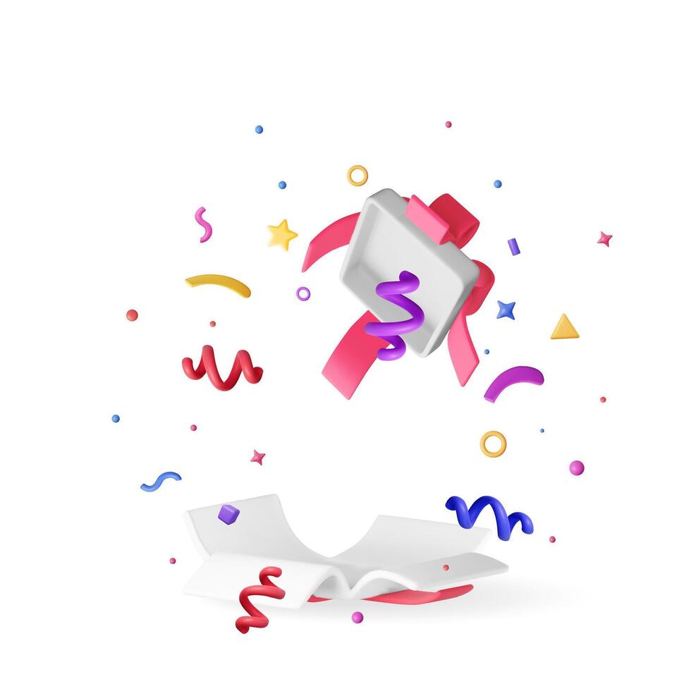 3D open gift box with falling confetti. Render present box surprise. vector