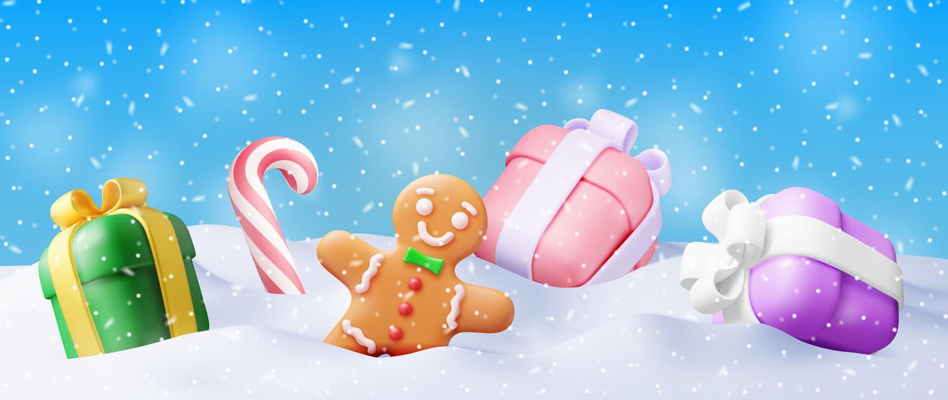 3D snowdrift with gift boxes background. Render presents with candycane and gingerbread man in snow. Happy new year decoration. Merry christmas holiday. New year xmas celebration. vector