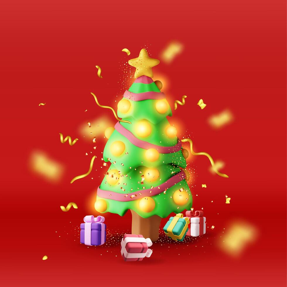 3D christmas tree decorated with gift boxes, colorful balls, garland lights, golden star. vector