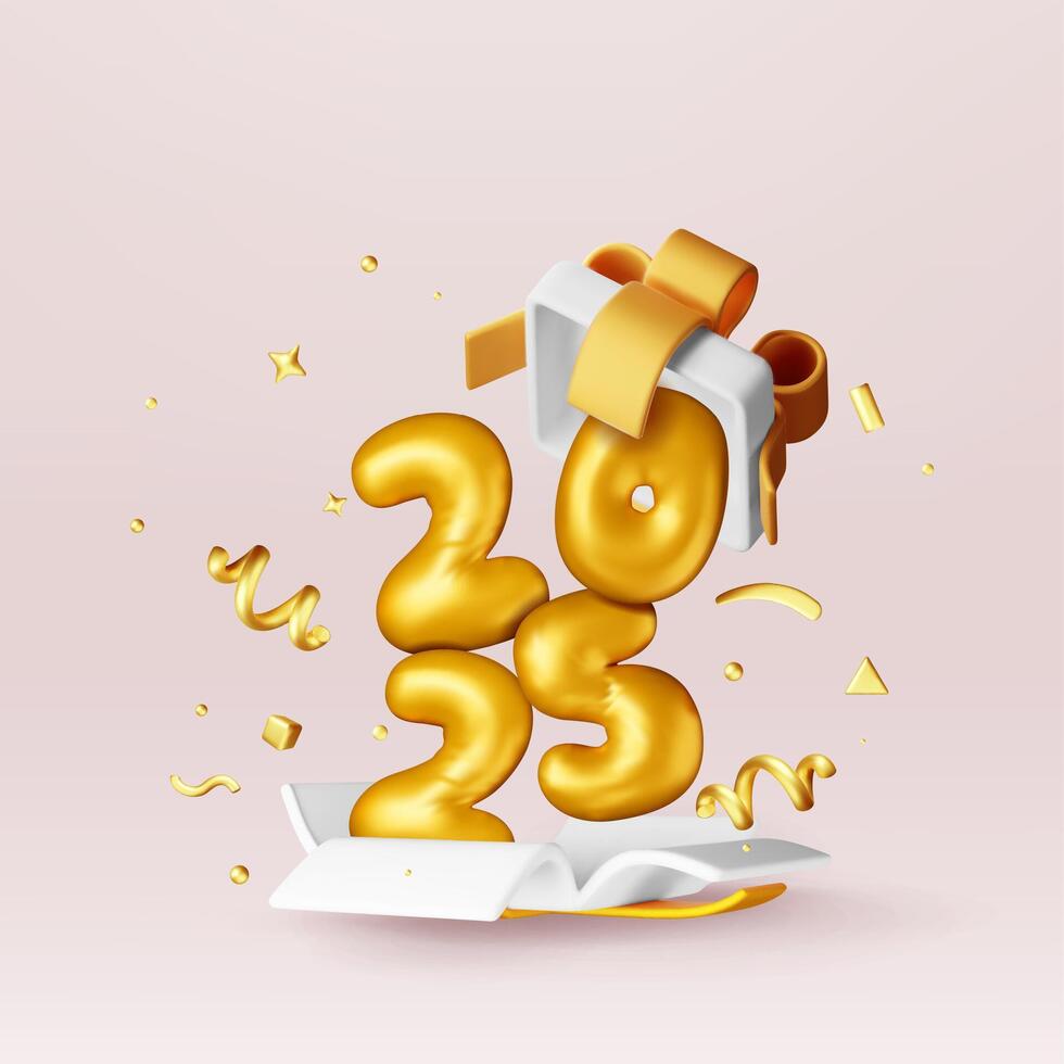 3D open gift box with number sign 2025 and falling confetti. Render present box surprise. Christmas. new year sale, shopping. Present box with bows ribbons. Giftbox for holiday. vector