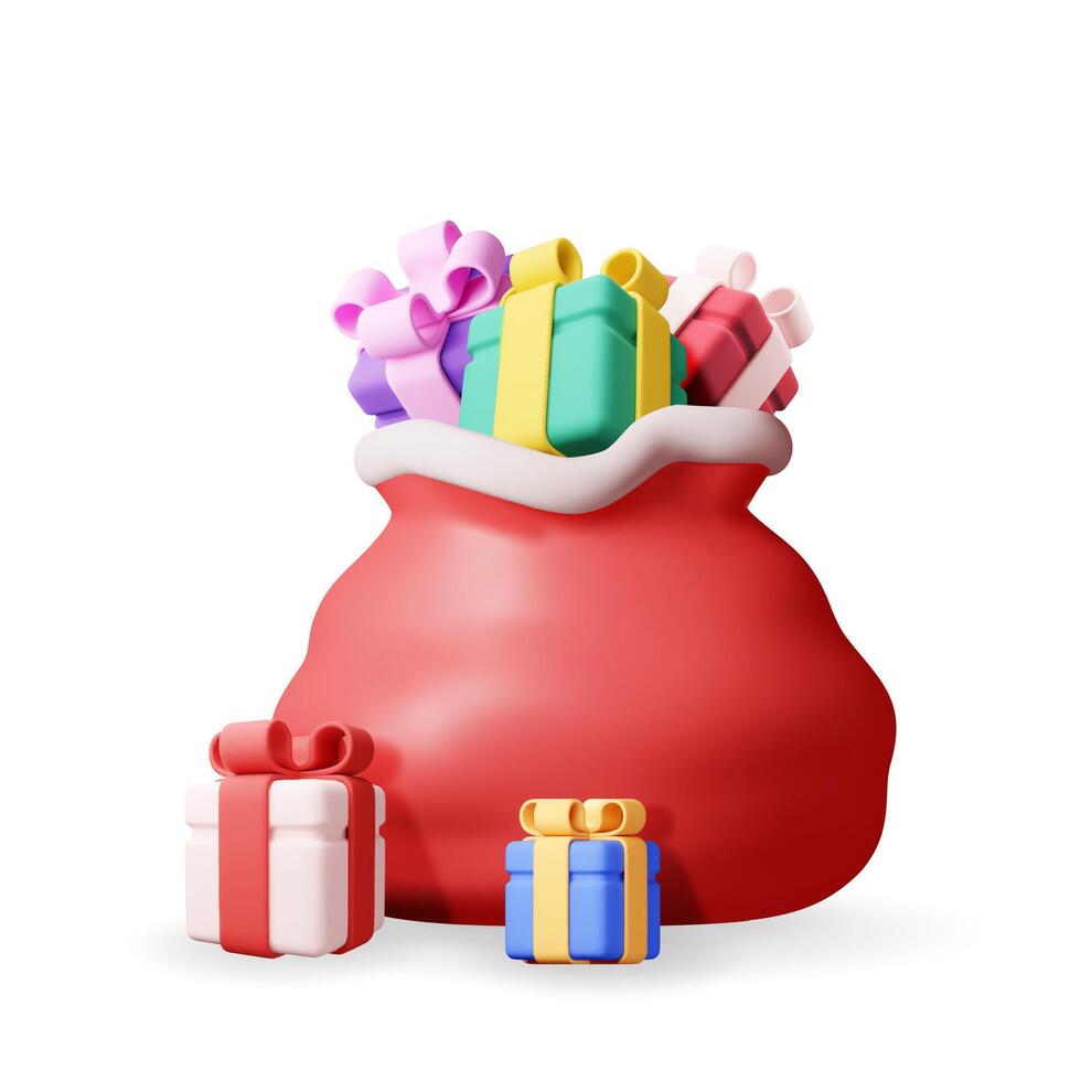 3D open santa claus sack full of gift boxes vector