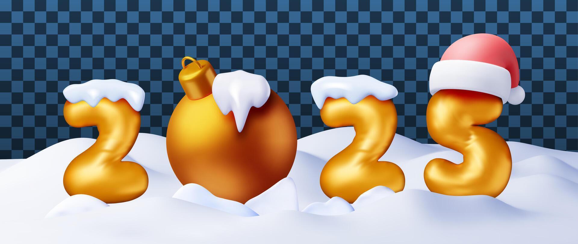 3d gold balloon 2025 new year symbol in snow Isolated. Render golden 2025 number holiday party decoration. Metallic ballon shiny font. New year and xmas celebration. vector