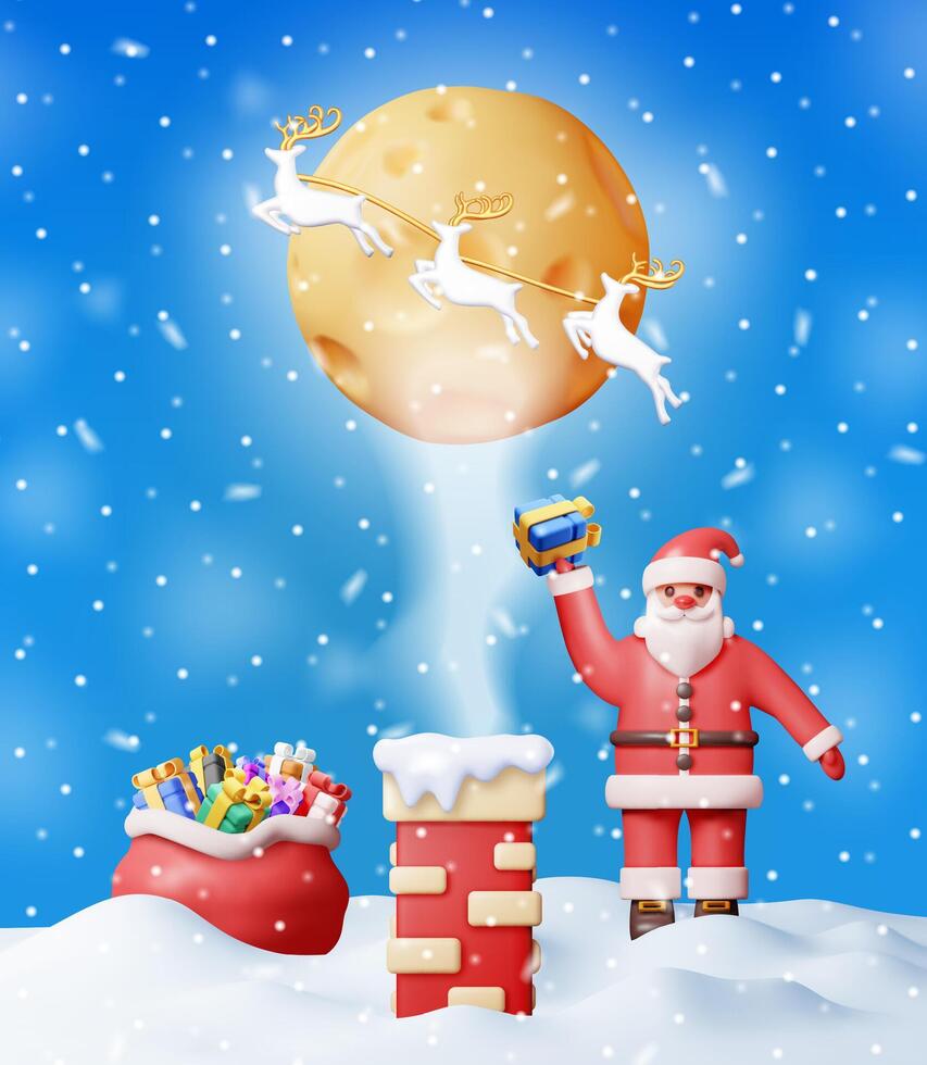 3D santa claus with bag with gift and house chimney, moon with reindeers. vector