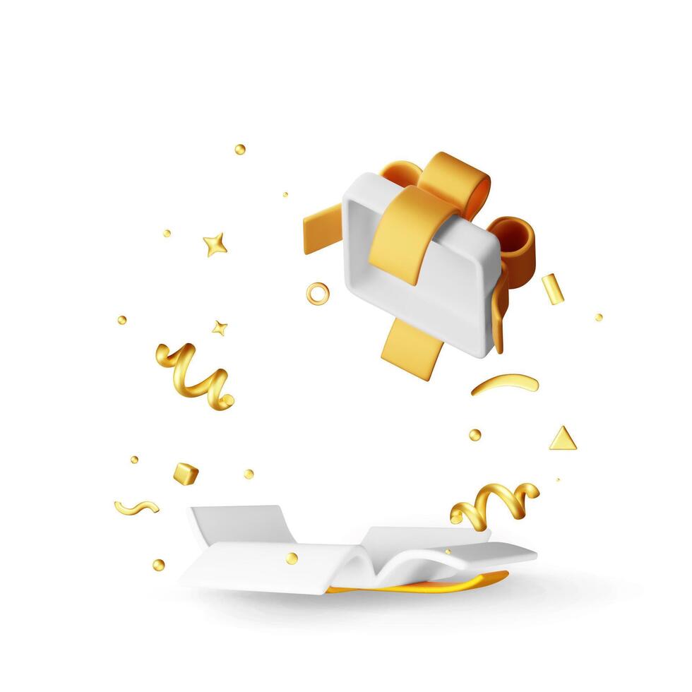 3D open gift box with falling confetti. Render present box surprise. vector