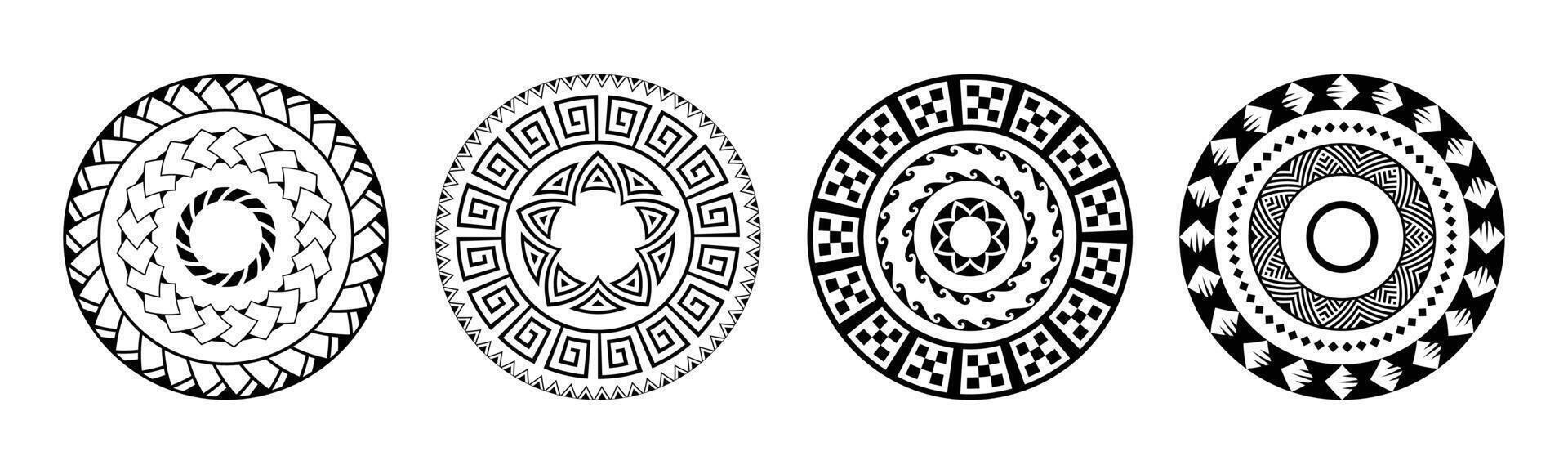 Set of tribal mandala art, abstract circular geometric designs in Polynesian and Hawaiian styles. Aztec simple mandalas vector