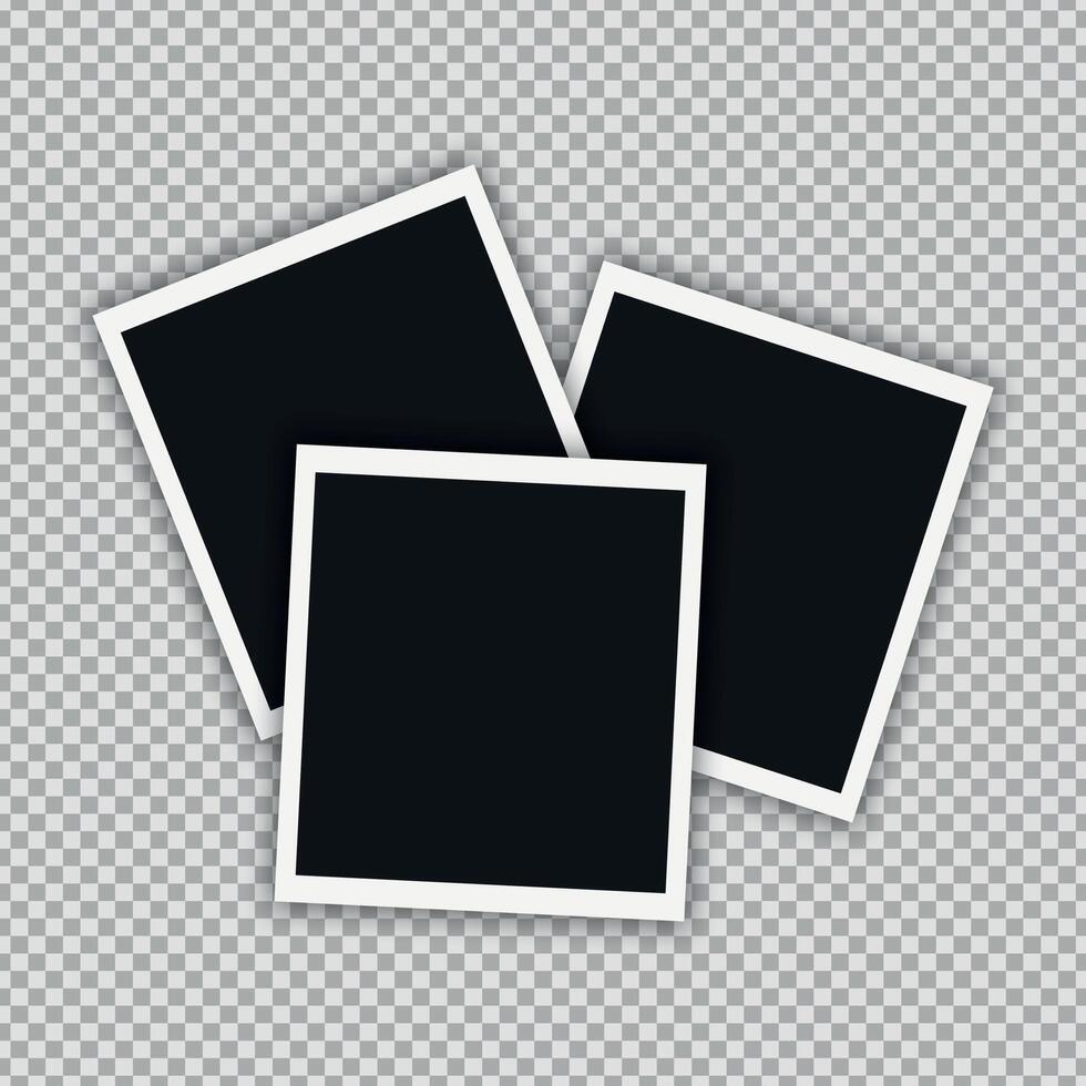 Stack of retro photo cards. Blank photo frame template on transparent background vector