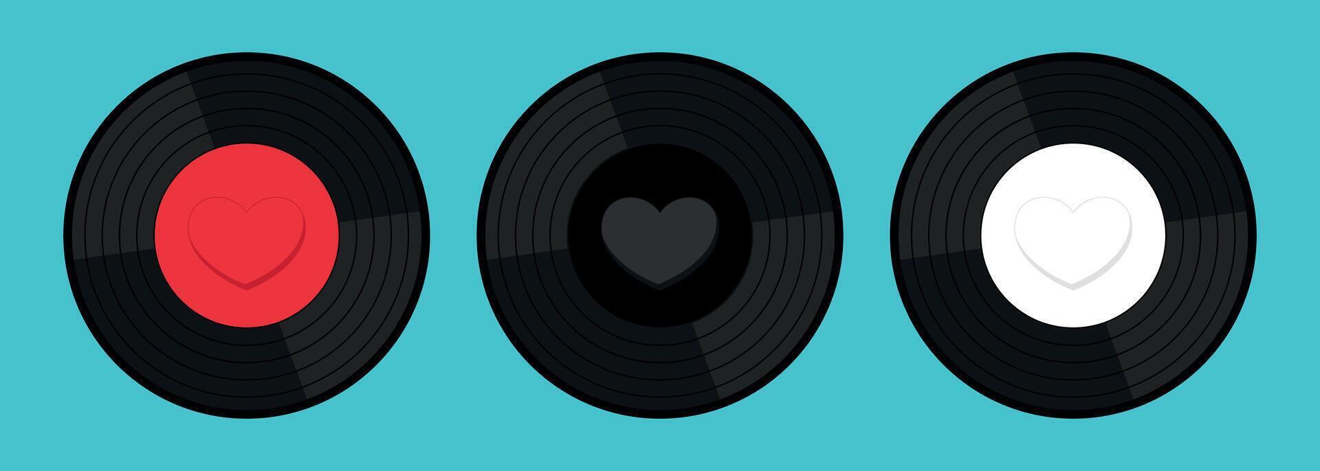 Vinyl record disks with heart set. Retro vintage emblem of music lover in flat design vector