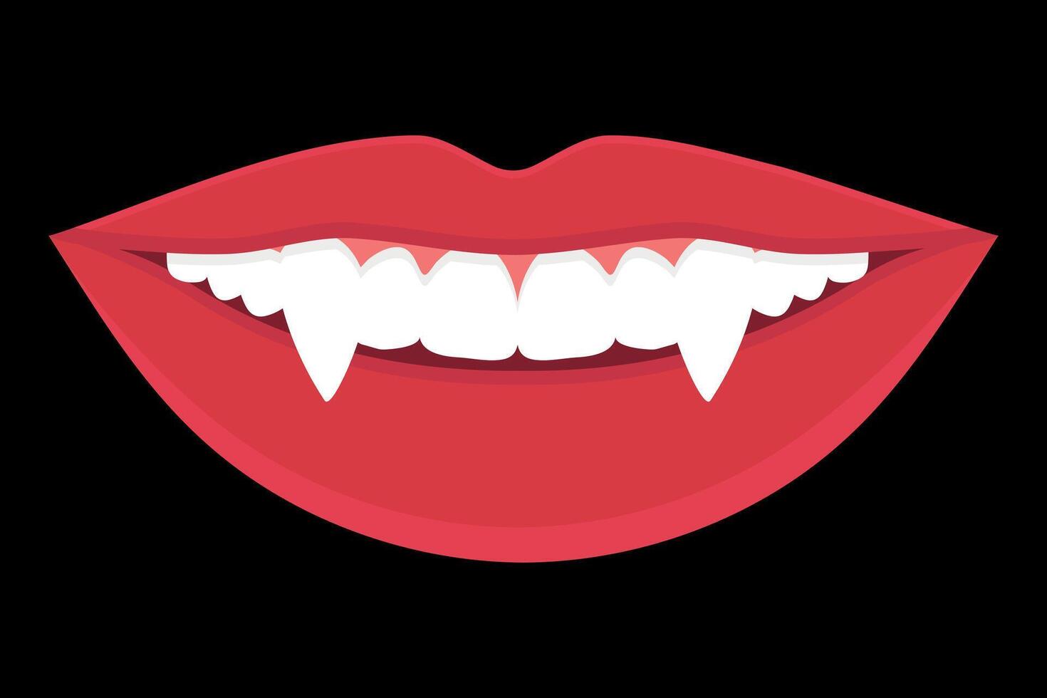 Vampire woman lips with fangs. Monster girl evil lips. Red female lips with long fangs vector