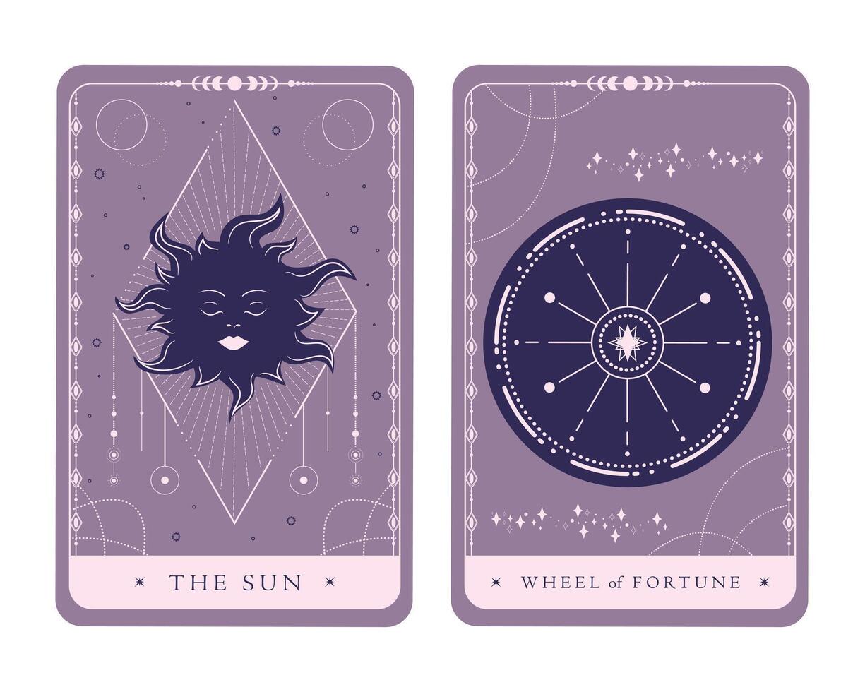 Magical celestial tarot cards of Major Arcana. Tarot symbols The Sun and Wheel of Fortune. Mystery, astrology, alchemy vector