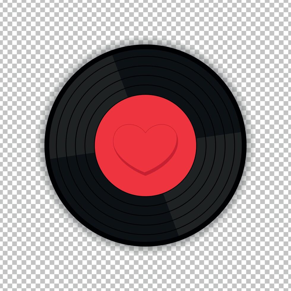 Vinyl record disk with decorated with a heart. Retro vintage emblem of music lover in flat design vector