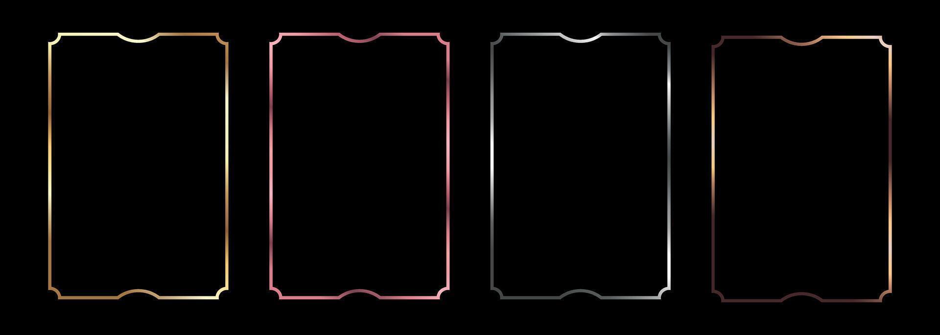 Minimalistic geometric frames in metallic colors. Golden, silver, bronze and pink square frame borders for invitation cards of wedding vector