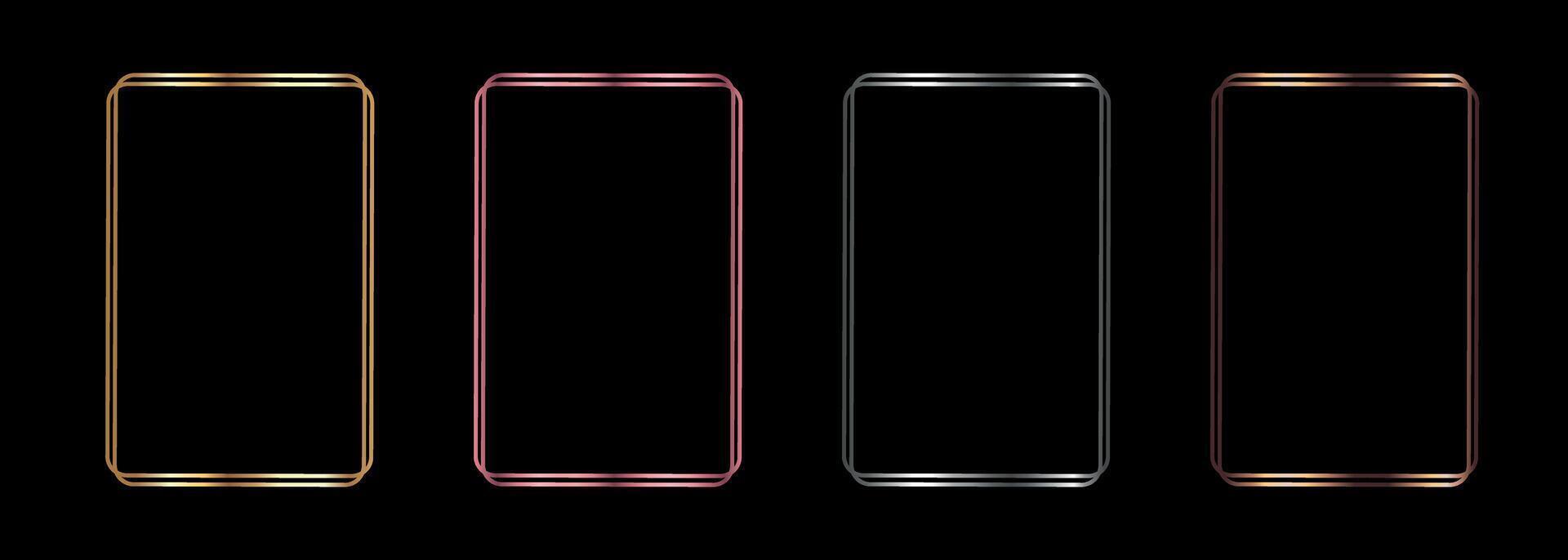 Set of minimalistic geometric frames in metallic colors. Golden, silver, bronze and pink square frame borders for invitation cards of wedding vector