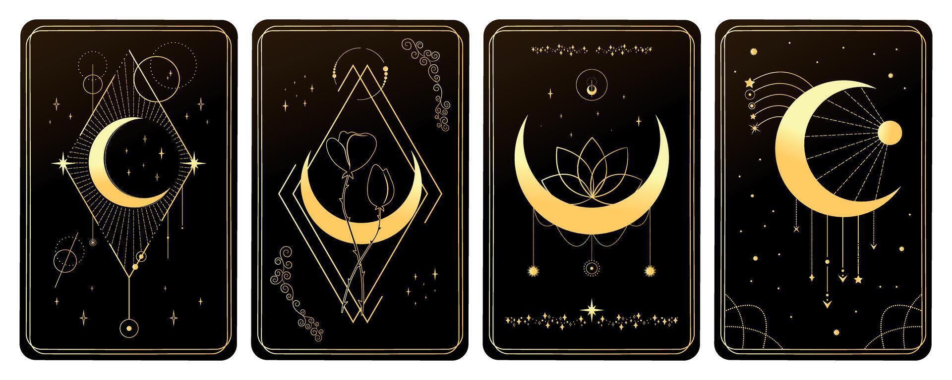 Golden magical tarot cards set decorated with crescents and stars. Mystery, astrology, alchemy vector