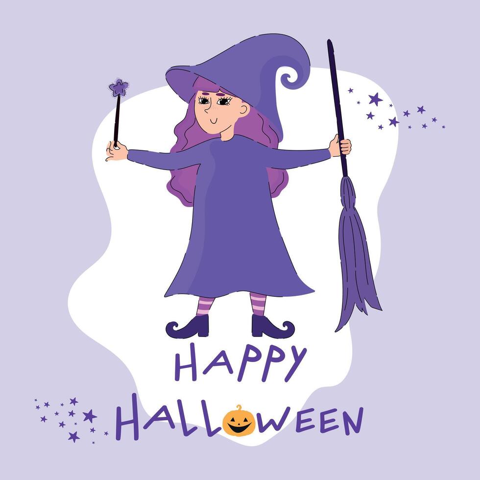 Cute cartoon witch with magic wand and broom. Happy Halloween greeting card vector