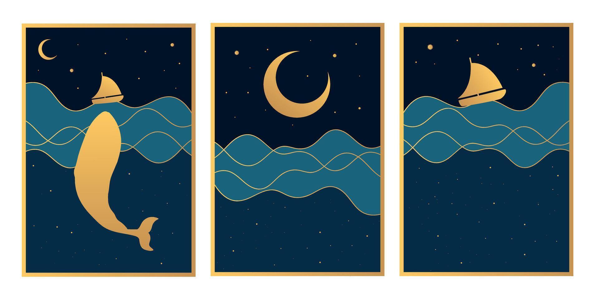 Celestial night ocean set. Posters with night sky and ocean view, golden silhouettes of a ship and a whale vector