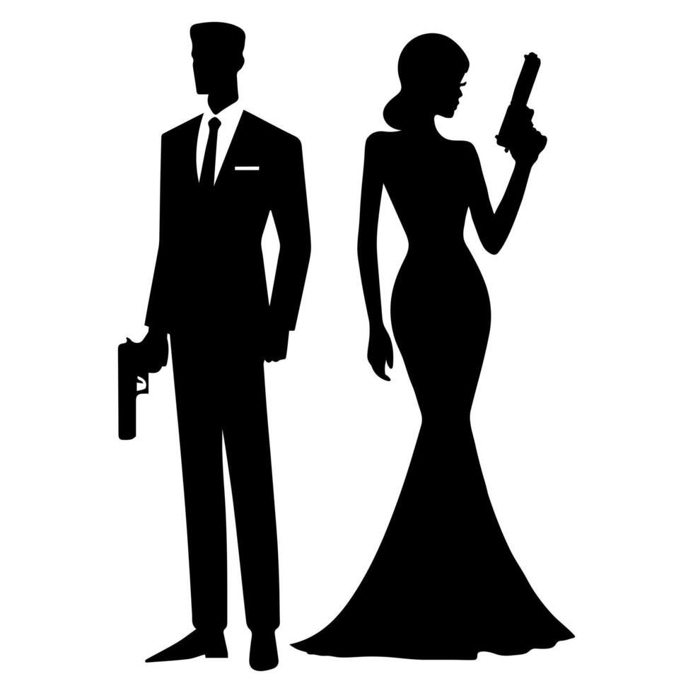 Silhouette of a woman in an evening dress and a man in a suit with guns vector