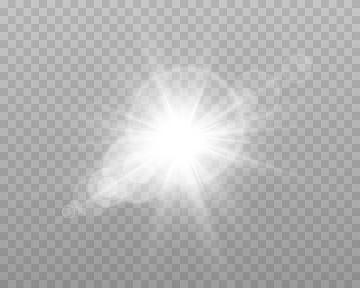 White sunlight lens flare, sun flash with rays and spotlight. Silver glowing burst explosion vector